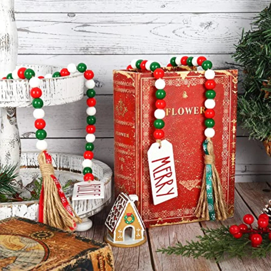 2Pcs Christmas Wooden Bead Garlands Red Green White Wood Beads with Merry, view 4