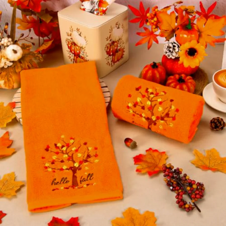 2 Pcs Hello Fall Tree Hand Towels Embroidered Cotton Bathroom Towel Orange, view 4