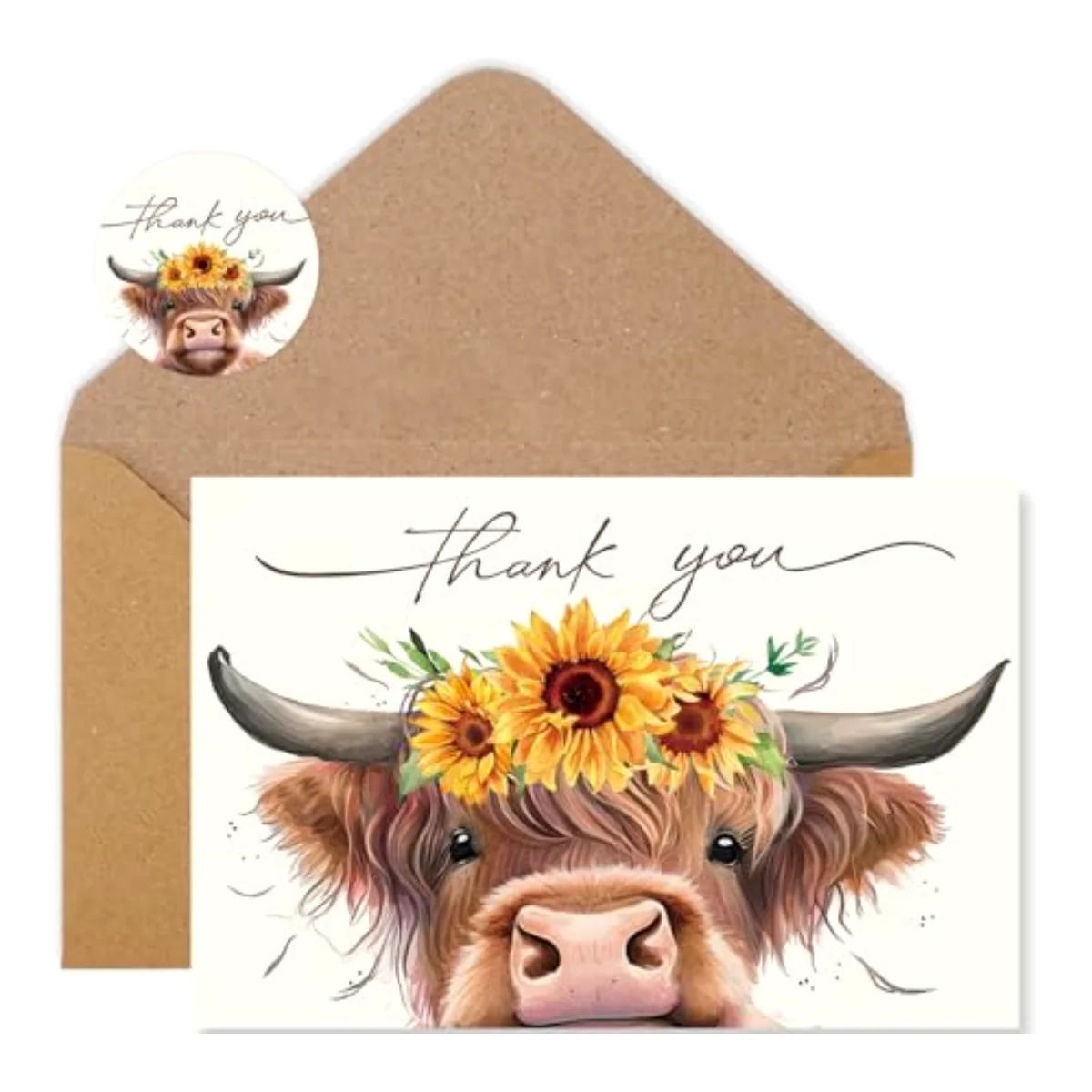 36Pcs Summer Highland Cow Thank You Cards with Envelope Stickers Brown Cow