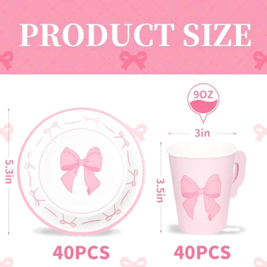 80 Pcs Tea Party Supplies 9oz Pink Bow Paper Tea Cups and Saucers Coquette, view 2