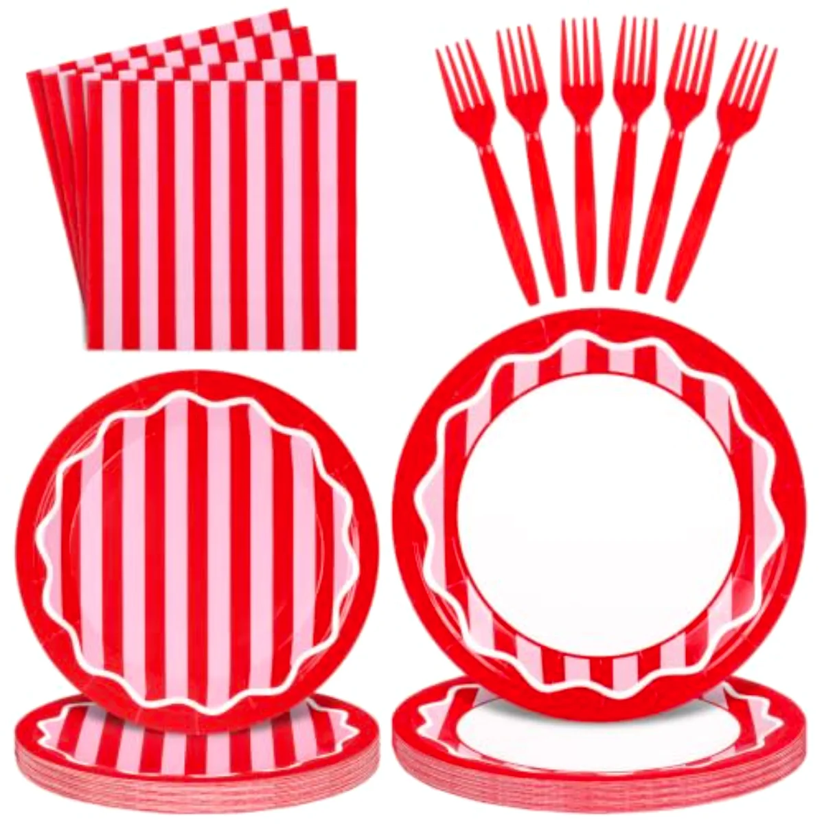 96Pcs Striped Tableware Set Serves 24 Red Pink Stripe Disposable