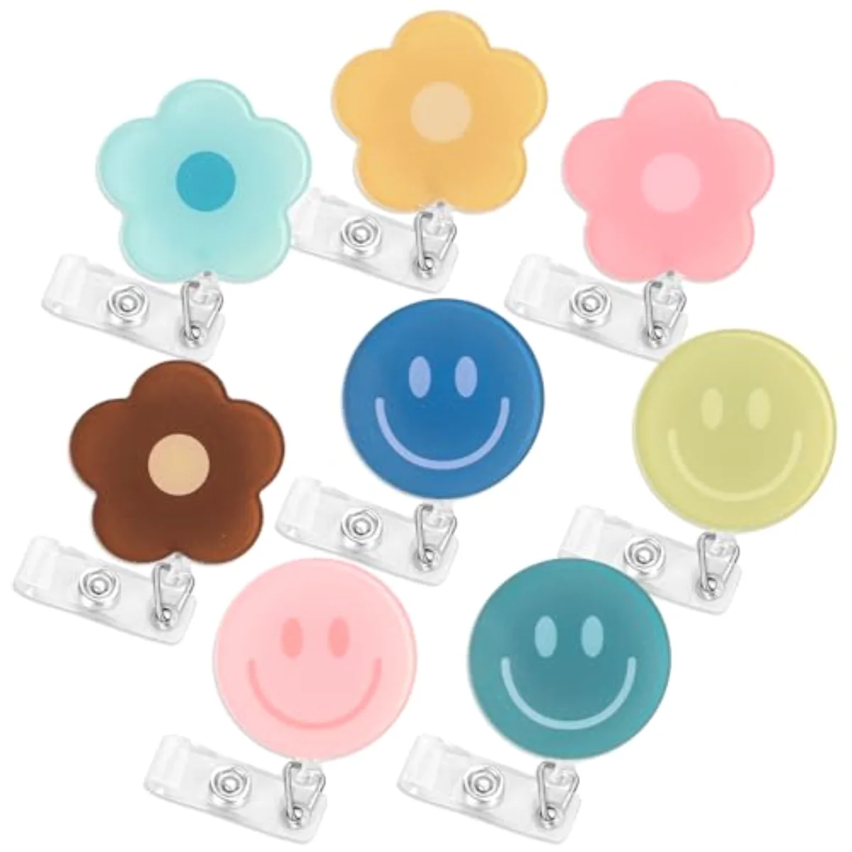 8 Pcs Boho Flower and Smile Badge Reel with Clips Retractable Cord Floral