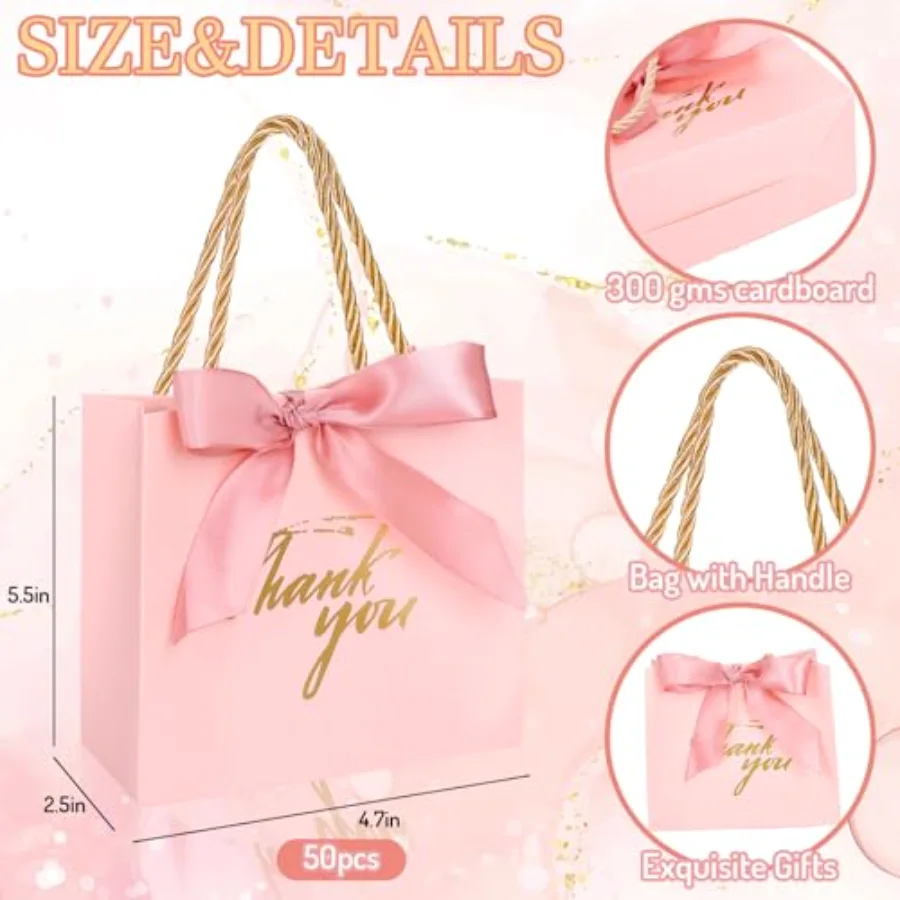 50 Pcs Thank You Paper Gift Bags with Bows Pink Candy Treat Bags with, view 2