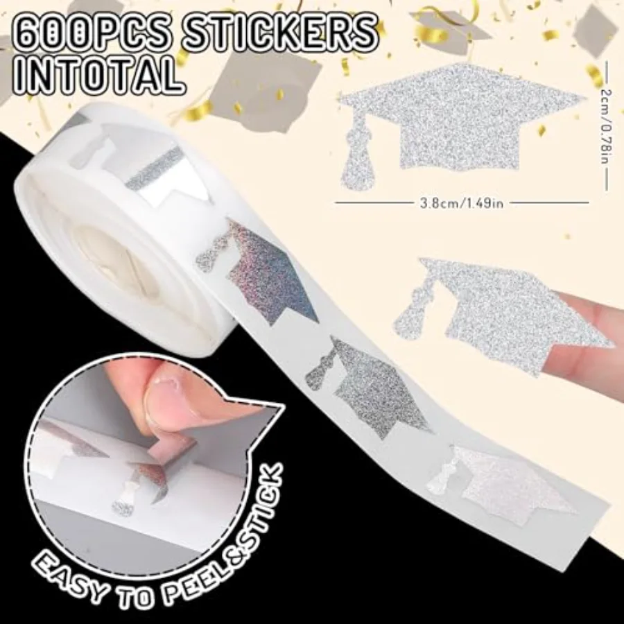 600Pcs Graduation Cap Stickers Silver Holographic Graduation Hat Sealing, view 2