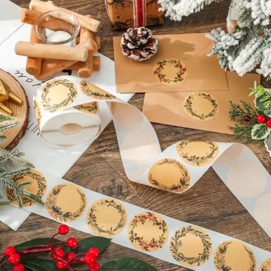 500 Pcs Christmas Kraft Label Stickers Roll Holly Berry Wreath Tag, view 3