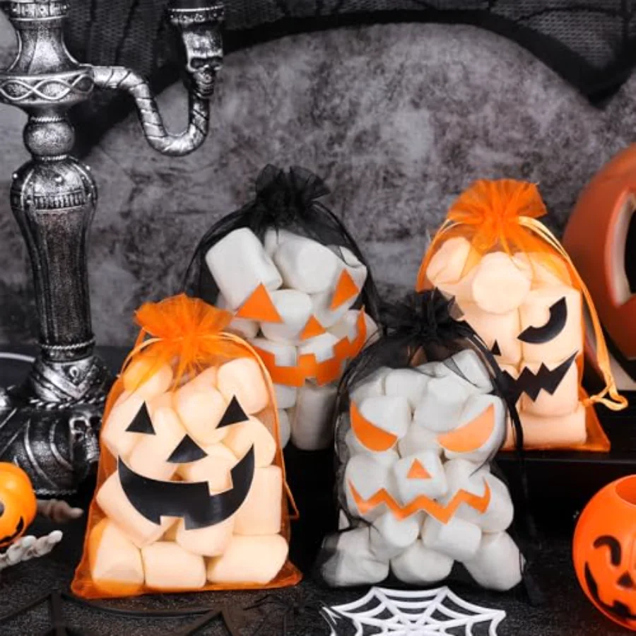 200 Pcs Halloween Organza Bags Black Orange Evil Pumpkin Face Jewelry Gift, view 4