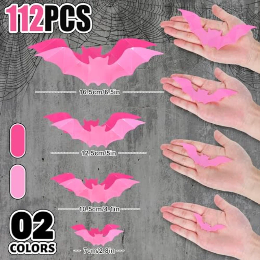112Pcs Halloween Wall Decoration 3D Bats with Foam Adhesive Pink and Rose, view 2