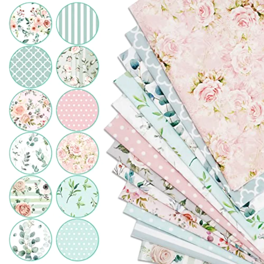 12Pcs Spring Cotton Fabric Bundles 18 x 22 Inch Floral Greenery Printed, view 3