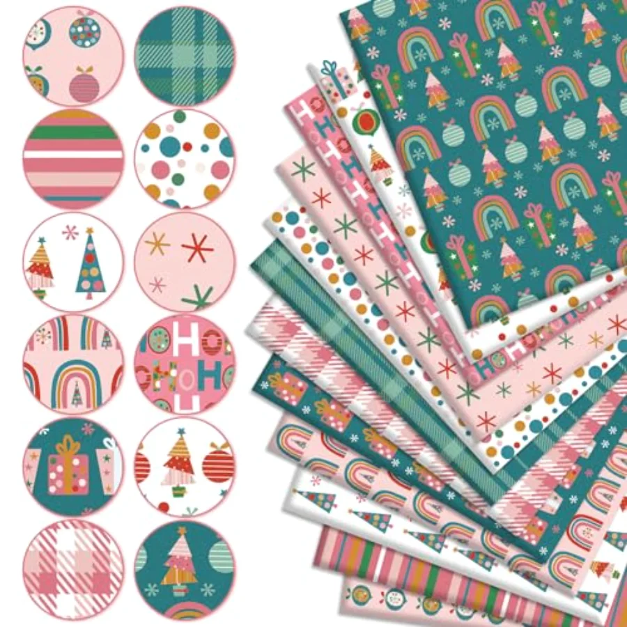 12Pcs Christmas Cotton Fabric Bundles Xmas Tree Snowflake Gift Box Fat, view 3