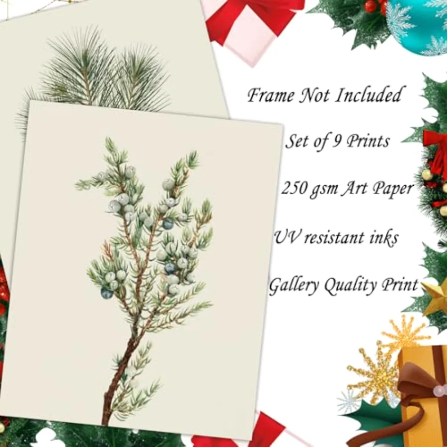 Christmas Wall Art Prints Vintage Watercolor Pine Tree Posters Retro, view 3