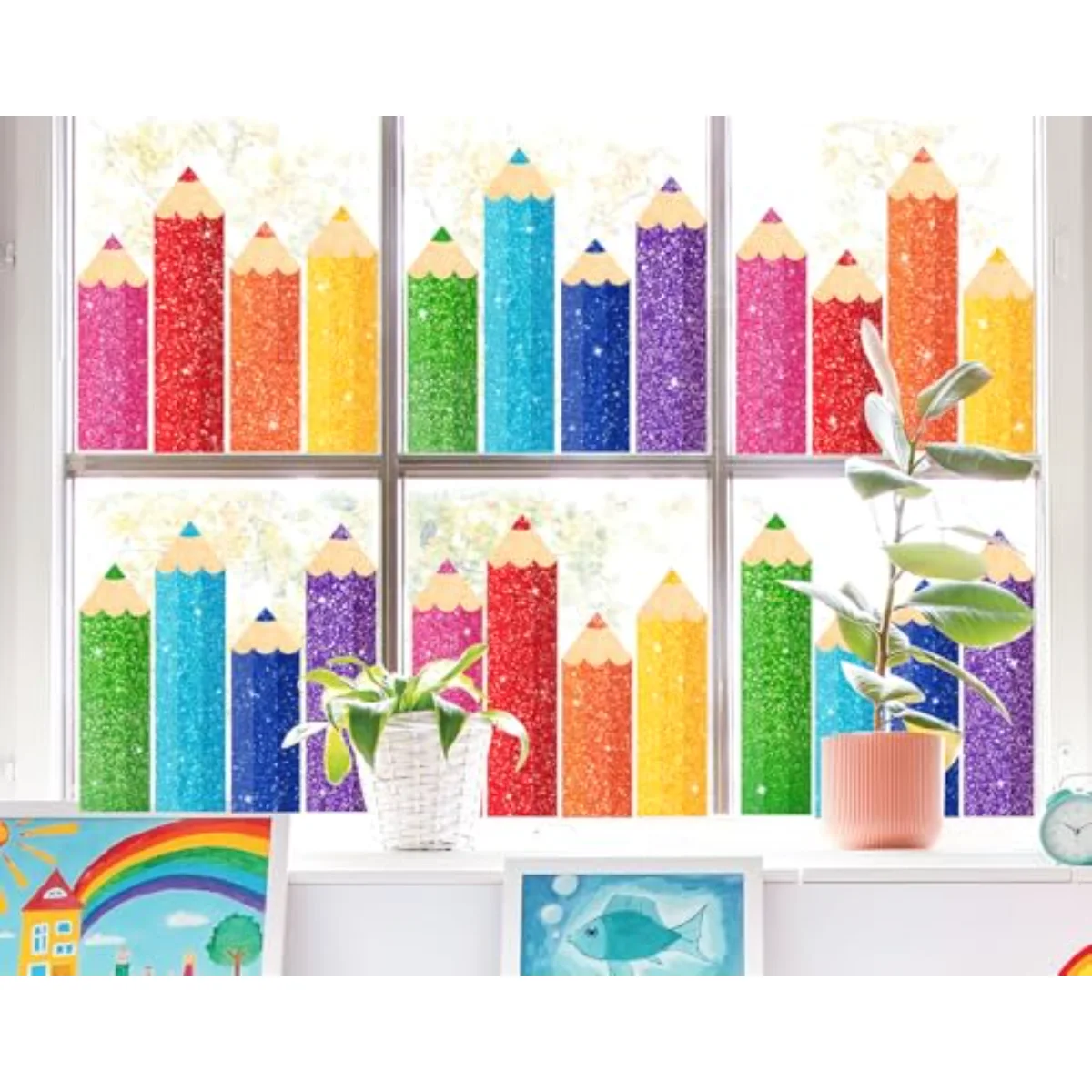 9 Sheet Back to School Colorful Glitter Pencil Window Clings Sparkly