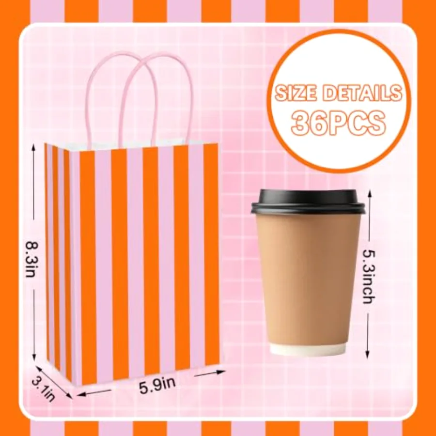 36Pcs Pink Orange Stripe Paper Bag Treat Bags with Handles Candy Goodie, view 2