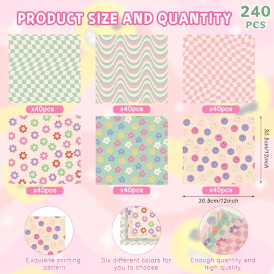 240Pcs Groovy Deli Paper Pastel Retro Smile Daisy Checkered Food Sandwich, view 2
