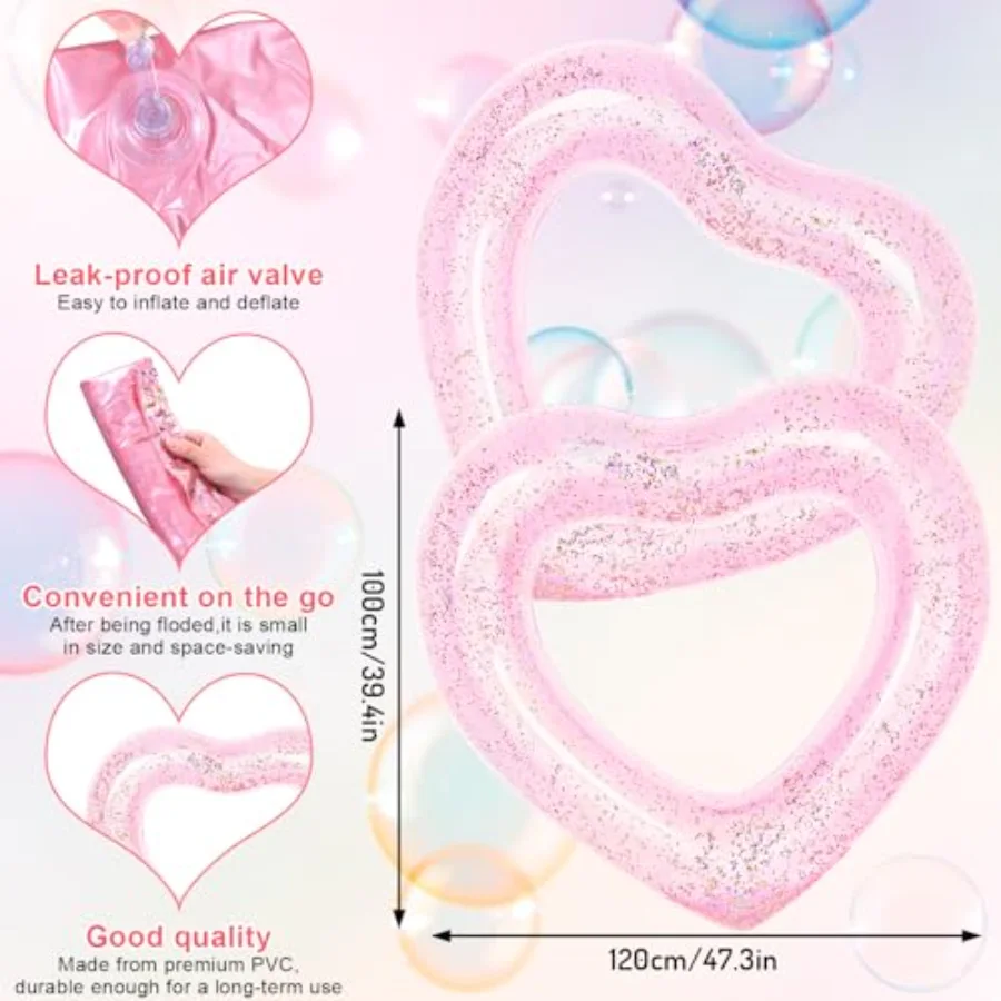 3Pcs Inflatable Heart Pool Float with Glitter Inside Pink Swim Pool Rings, view 2