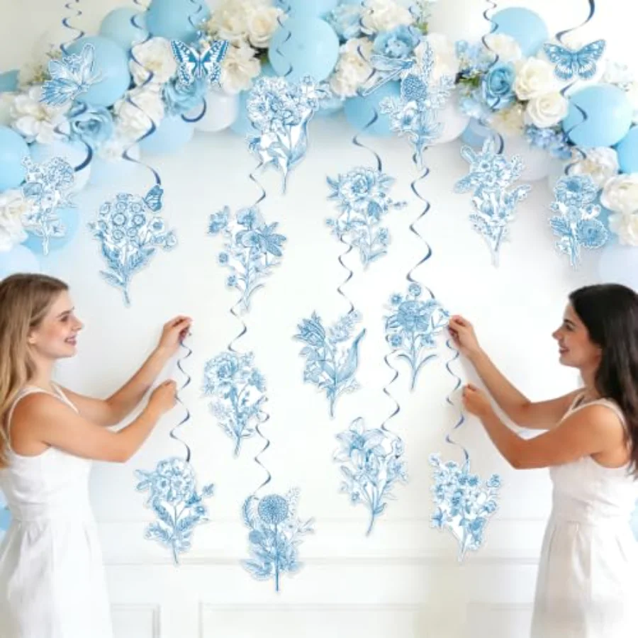 18Pcs Blue Floral Hanging Swirls Chinoiserie Flower Ceiling Spiral, view 4