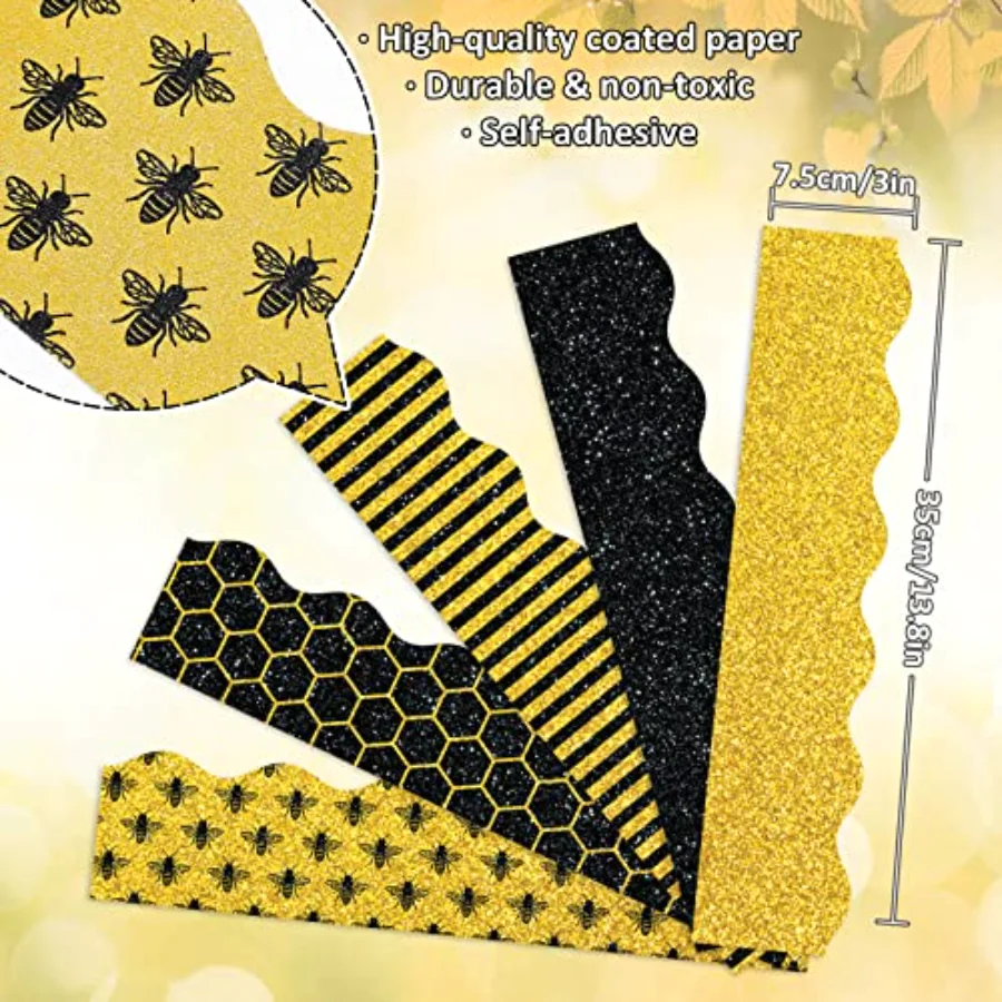 69Ft Summer Glitter Bulletin Board Borders 5 Designs Yellow Black Bee, view 2