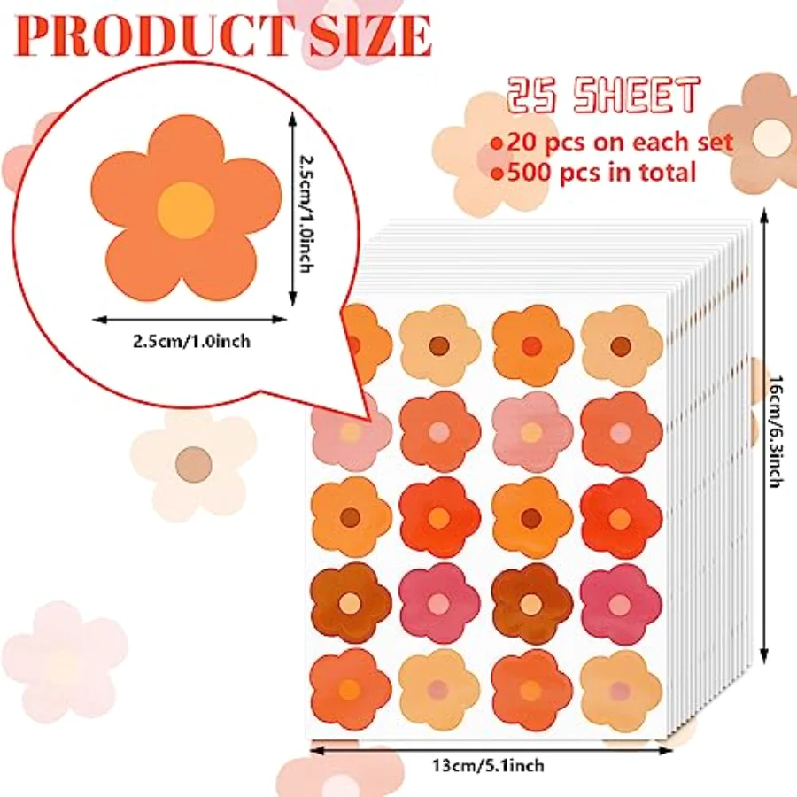 500Pcs Boho Flower Stickers Groovy Retro Hippie Daisy Decals Beige Orange, view 2