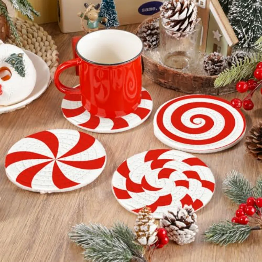 Christmas Candy Cotton Coasters Red White Peppermint Handmade Braided, view 4