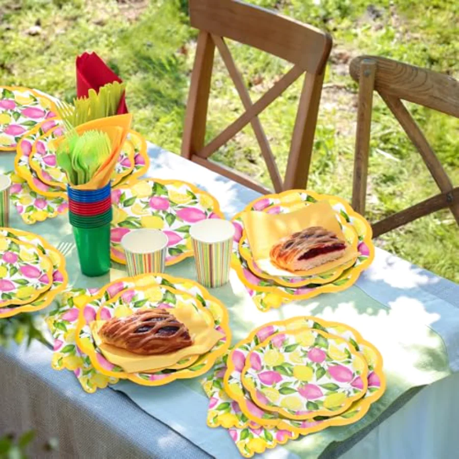 72 Pcs Summer Lemon Scalloped Tableware Set Pink Yellow Lemon Fruit, view 4