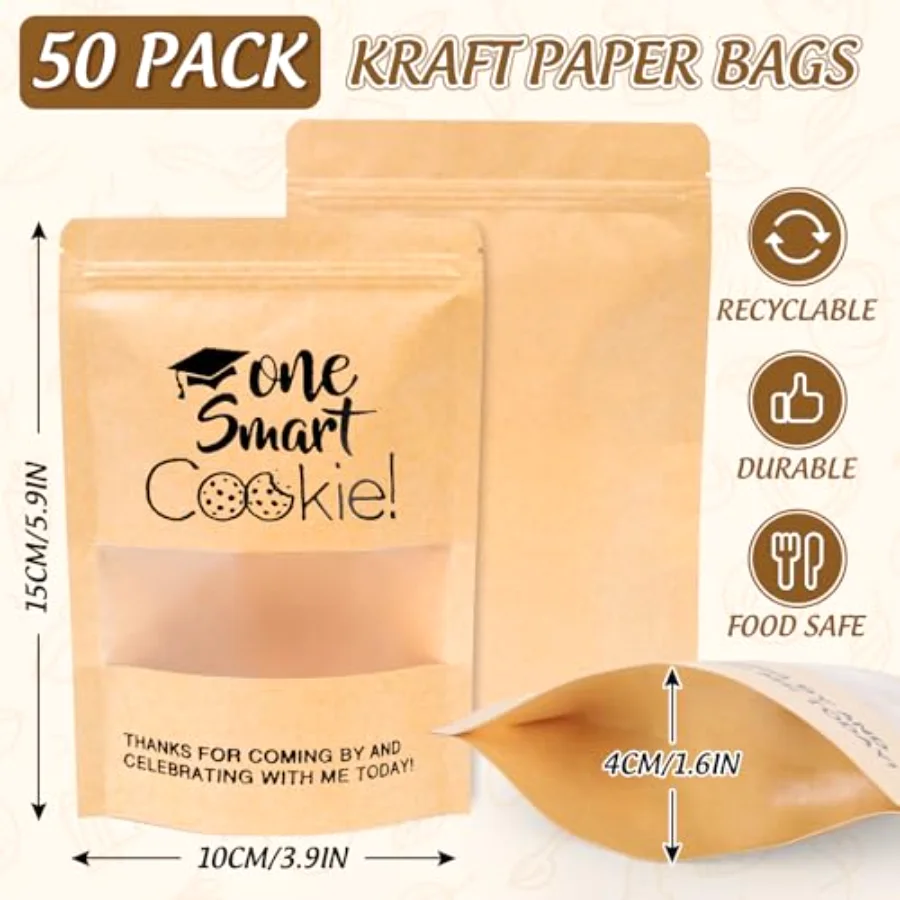 50 Pcs Graduation Candy Gift Bags Mini One Smart Cookie Kraft Paper Zip, view 2