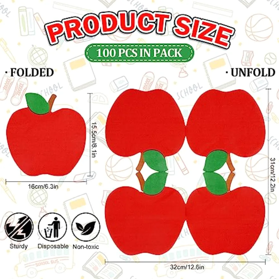 100 Pack Back to School Napkins Red Apples Disposable Paper Napkins School, view 2
