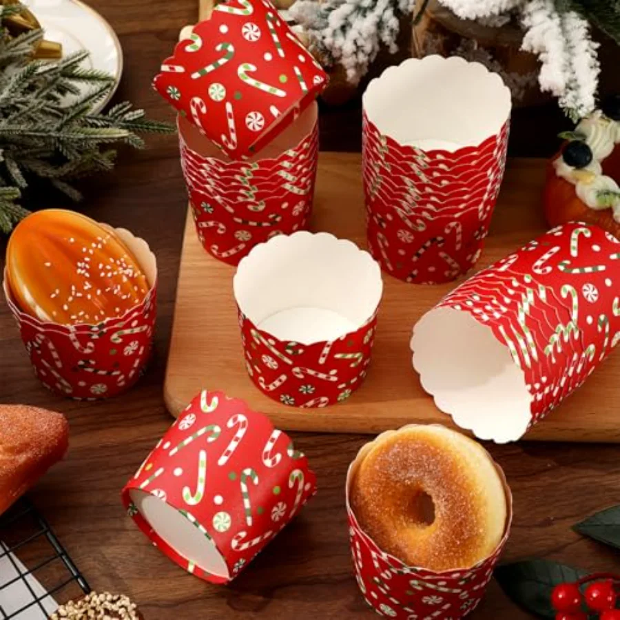 100Pcs Christmas Paper Baking Cups Red Green Candy Cane Cupcake Wrappers, view 3