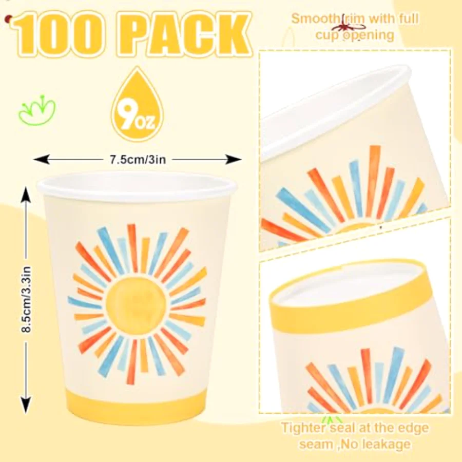 100 Pcs Boho Sun Paper Cups Watercolor Blue Yellow Sunshine Disposable, view 2