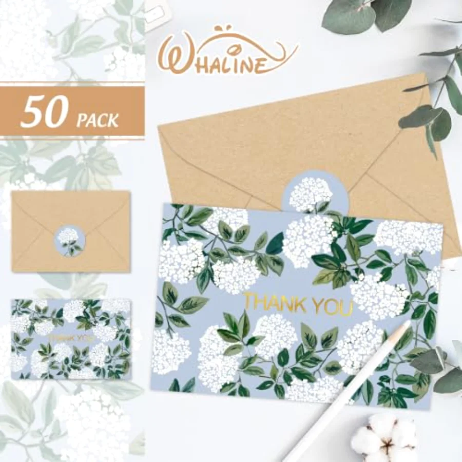 50 Pcs Hydrangea Thank You Cards Greeting Cards with Envelopes Stickers, view 3