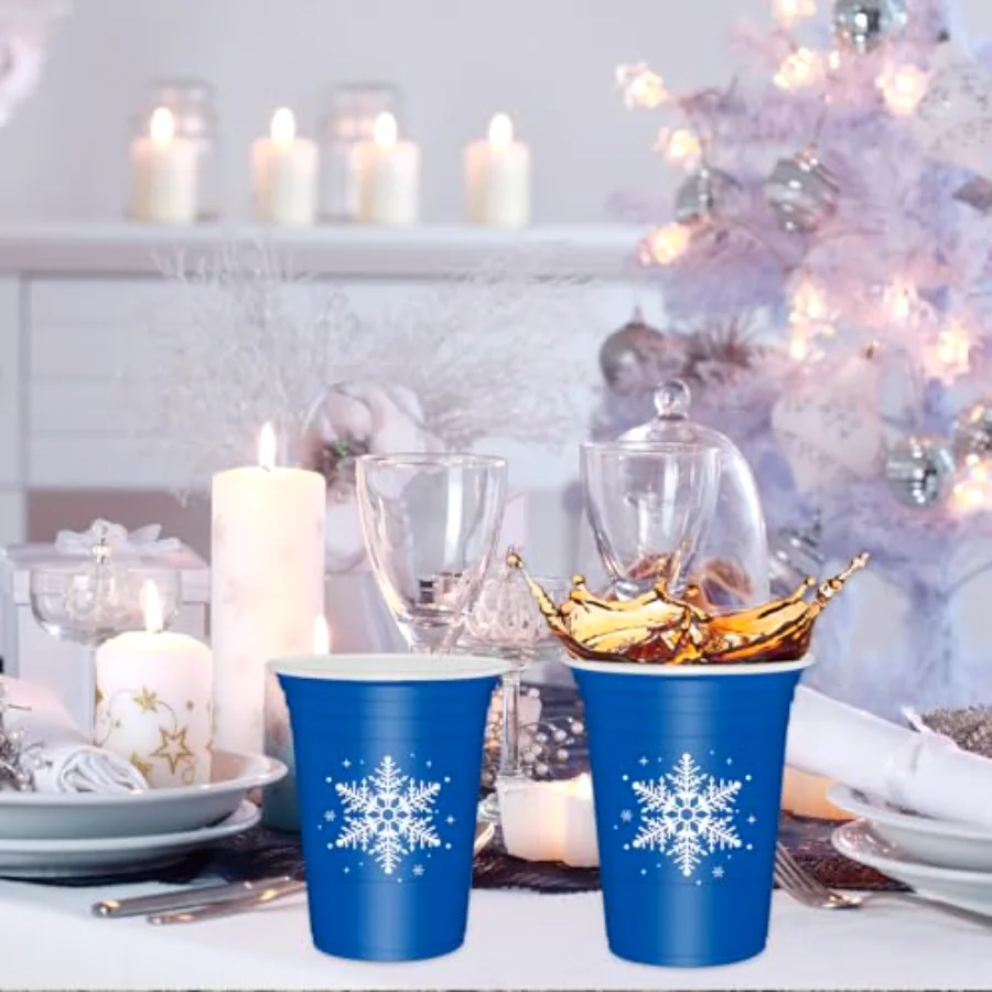 50 Pack Winter Snowflake Plastic Cups Blue Winter Wonderland Clear Plastic, view 4