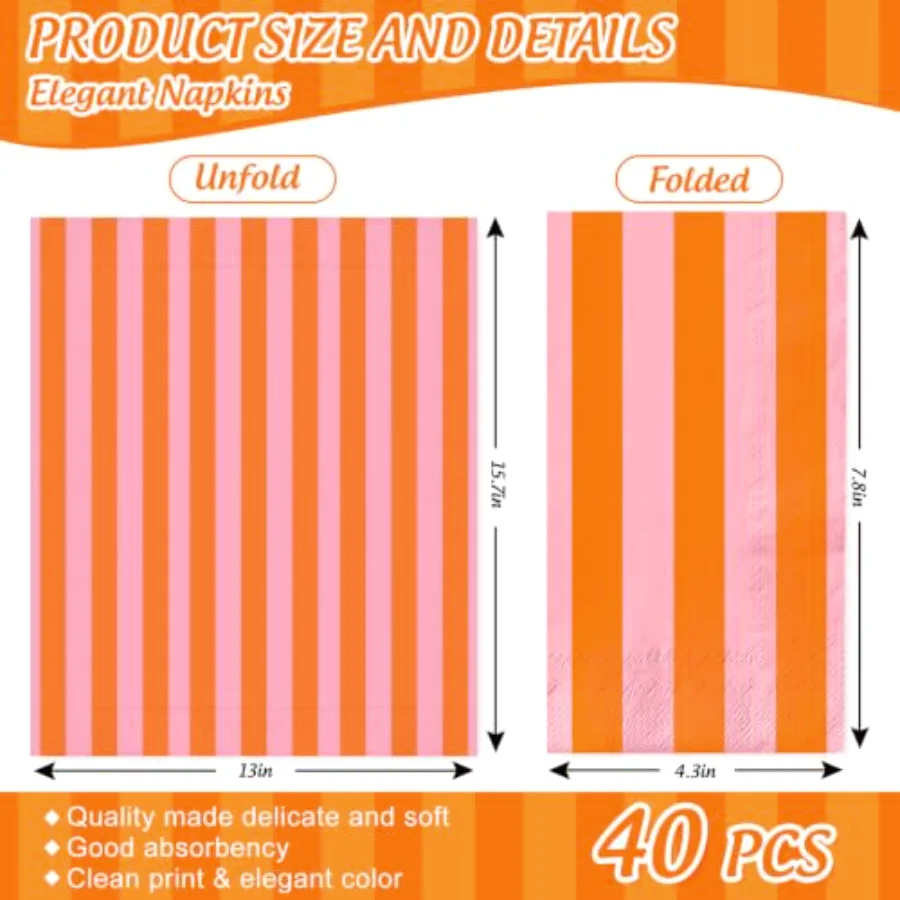40Pcs Stripe Guest Napkins, Pink Orange Cabana Striped, view 2