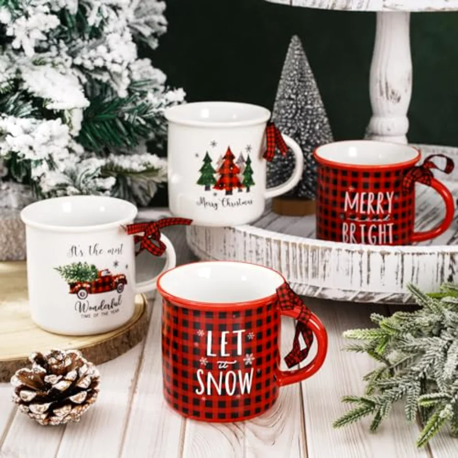 4Pcs Christmas Mini Mugs with Plaid Ribbon Red Black Plaid Xmas Tree Truck, view 4