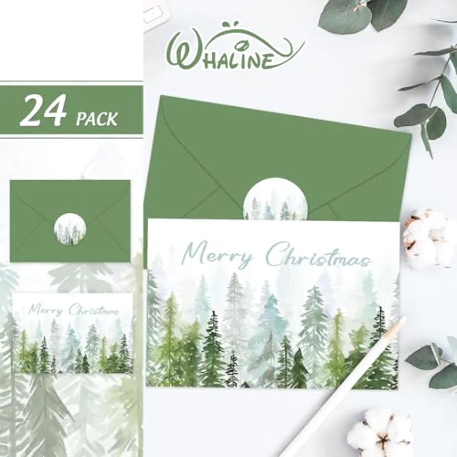24 Pack Christmas Cards Pine Tree Forest Greeting Cards with Envelopes, view 3