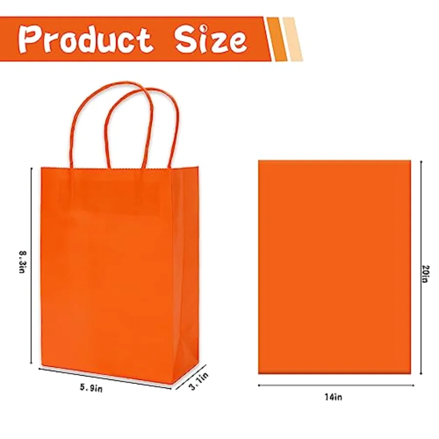 Orange Party Favor Bags 24 Pcs Paper Gift Bag with Handles Fall Grocery, view 2