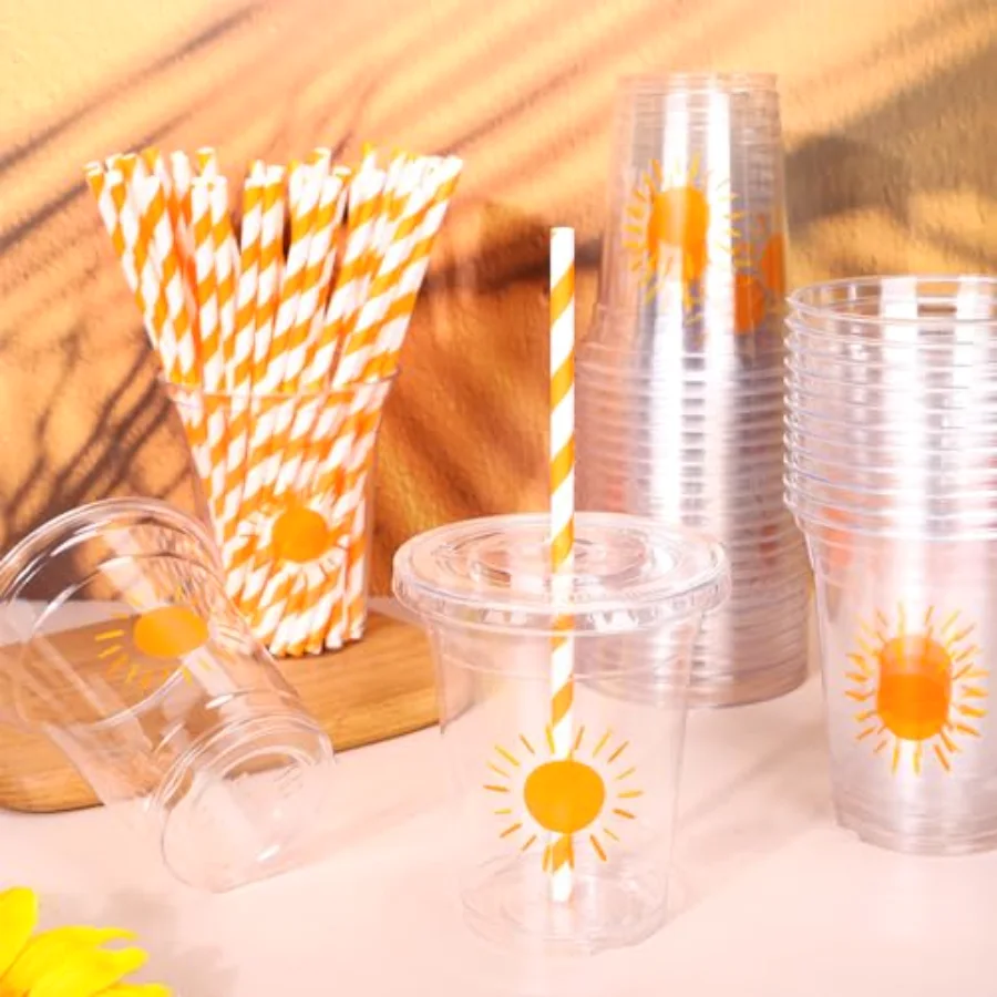 50Pcs Boho Sun Disposable Plastic Cups with Lids and Straws 12 Oz Sunshine, view 4