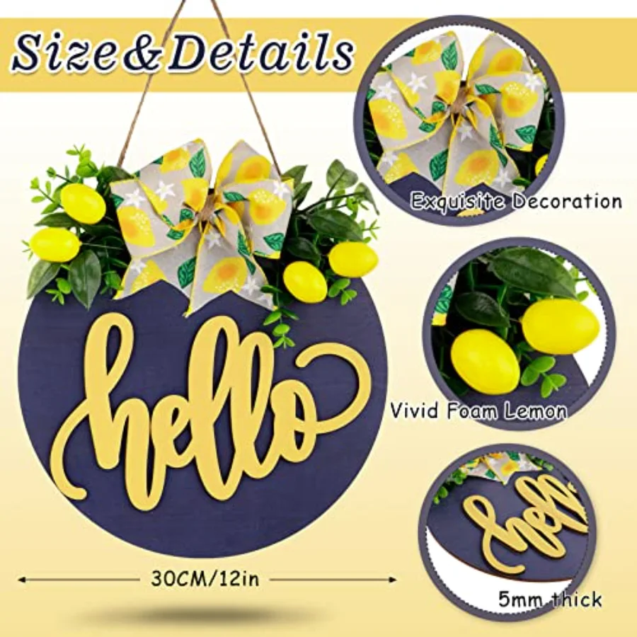 Lemon Wooden Hanging Sign 3D Hello Summer Welcome Sign Front Door Decor, view 2