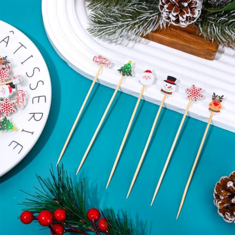 120Pcs Christmas Cocktail Picks 6 Styles Decorative Santa Elk Snowman, view 3