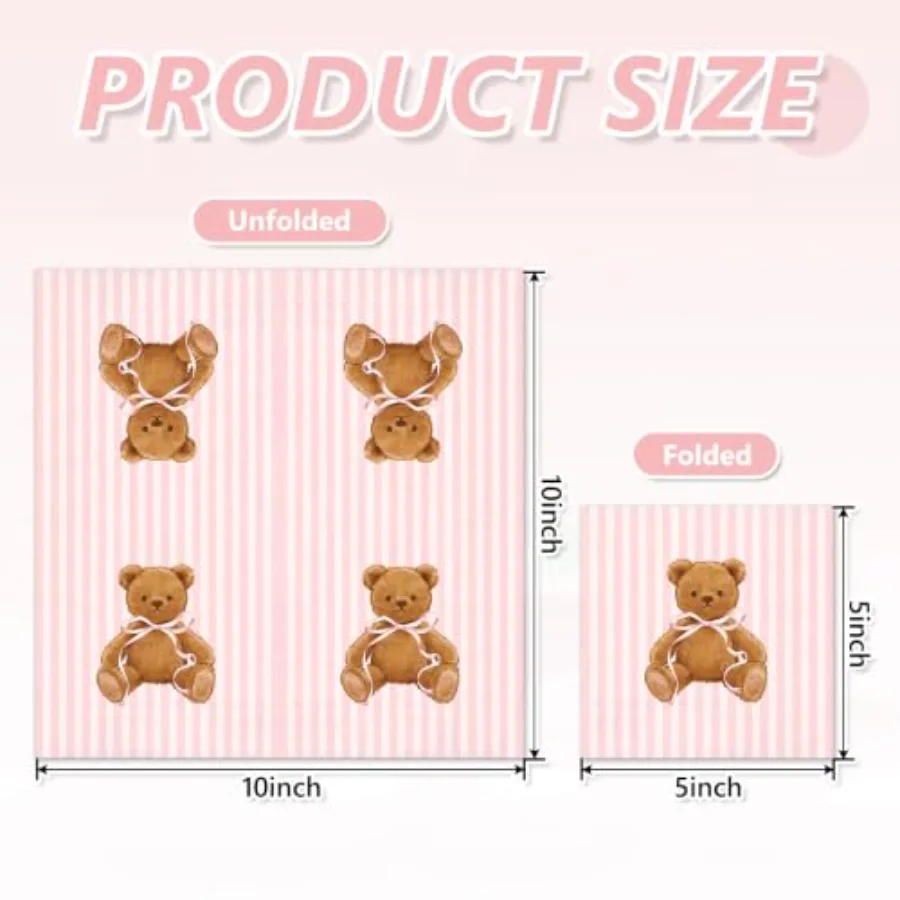 50Pcs Cute Bear Cocktail Napkins Pink Beige Striped Paper Napkin, view 2