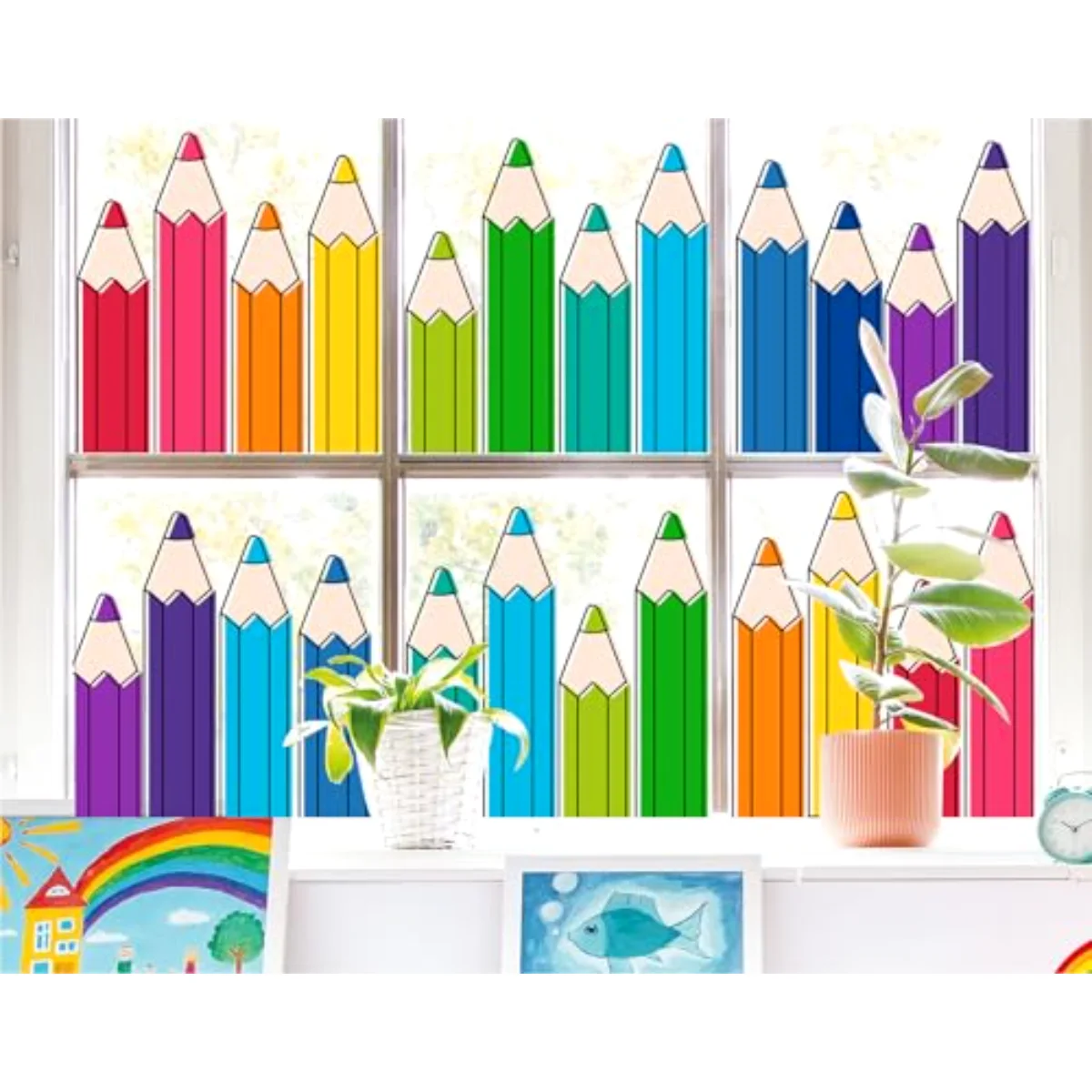 9 Sheets Colorful Pencil Window Clings Window Decal Back to School Rainbow