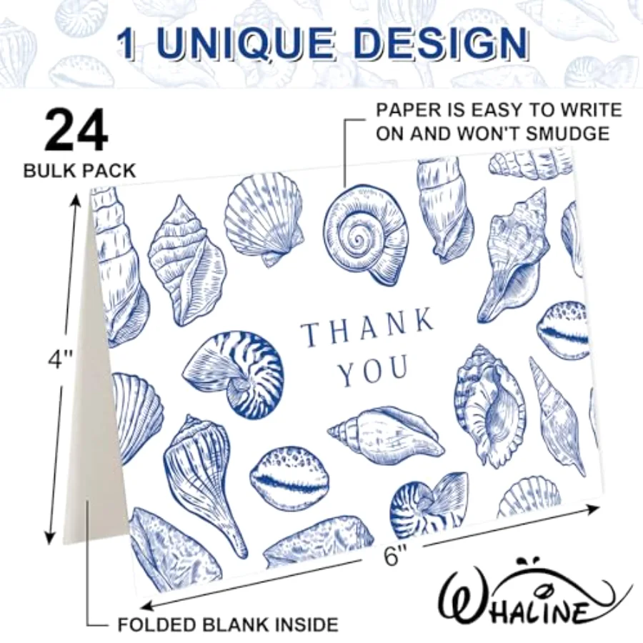 24 Pack Ocean Thank You Cards Blue Sea Shell Greeting Cards with Envelopes, view 2