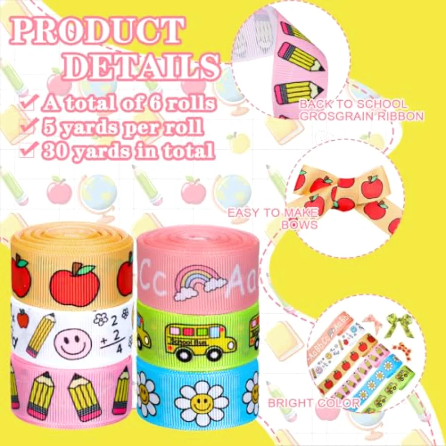 6 Rolls Back to School Grosgrain Ribbons Groovy Pastel Fabric Craft Ribbon, view 3