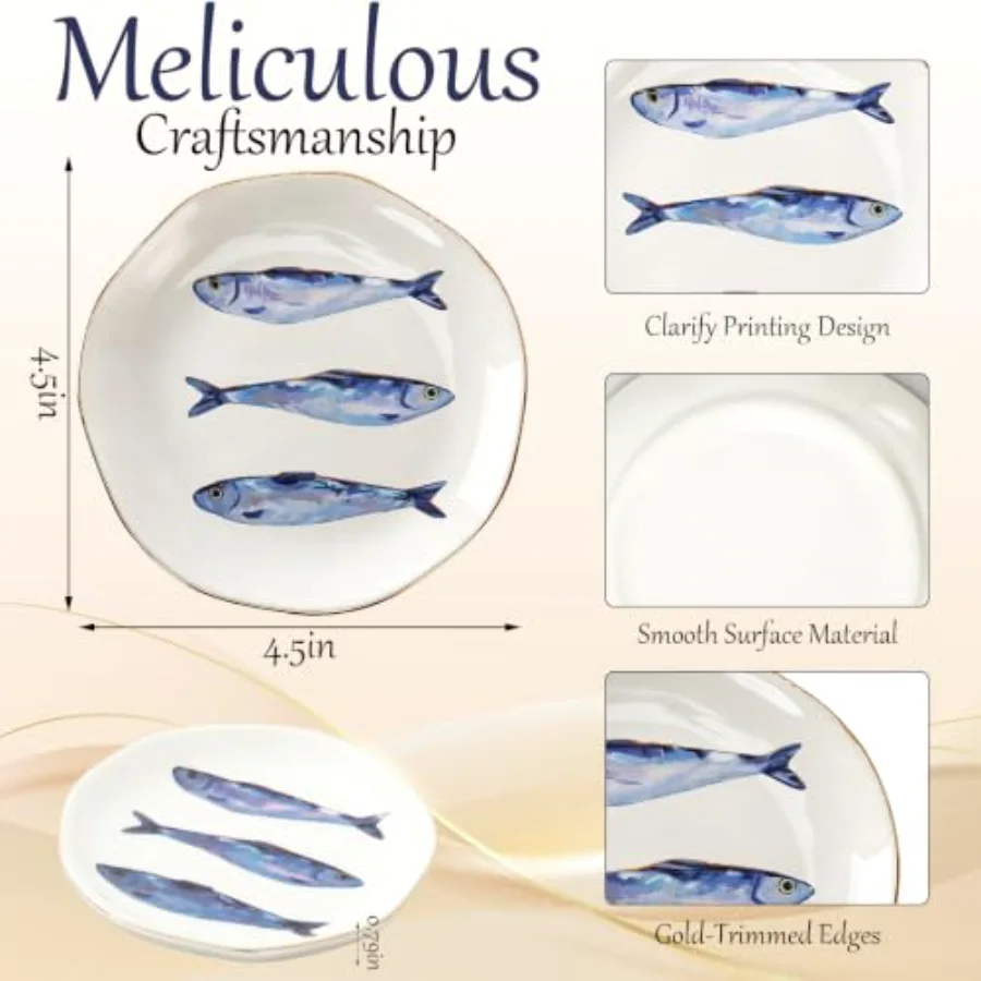 Sardines Ceramic Jewelry Tray with Gold Rim Small Decorative Trinket Dish, view 2