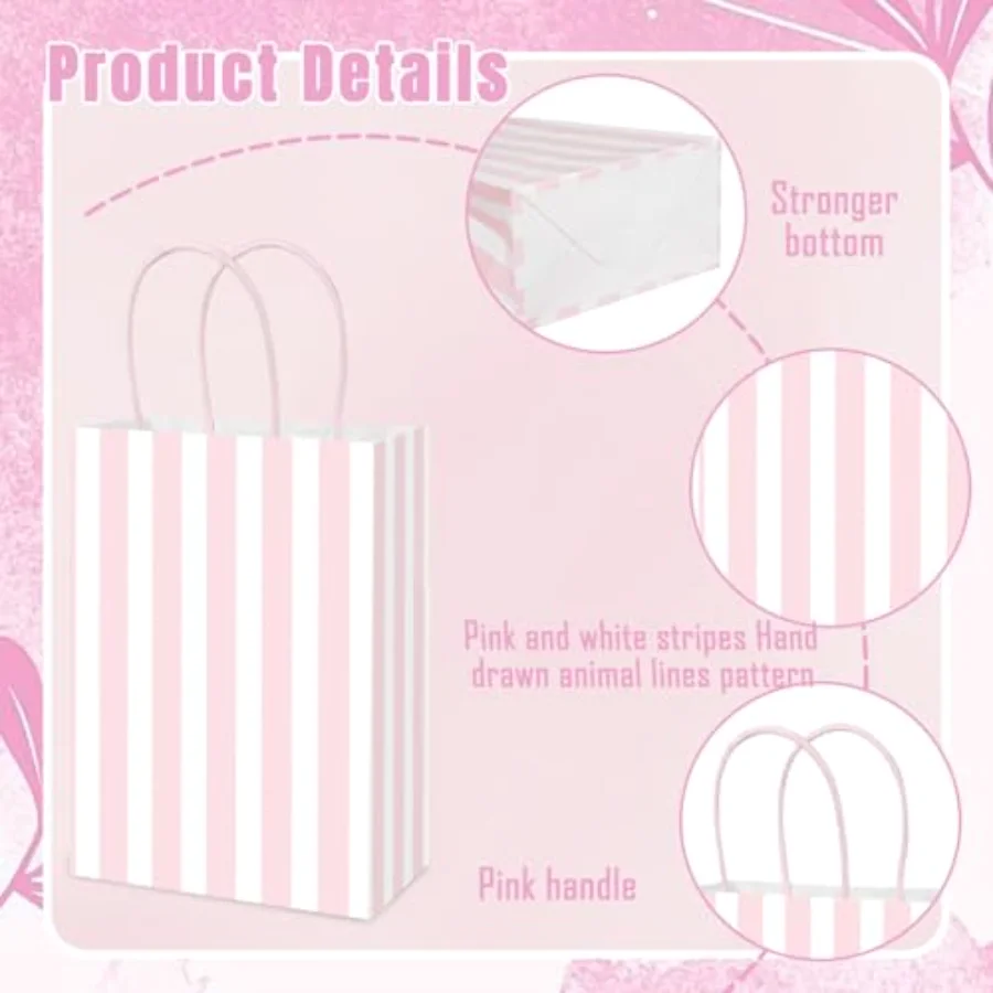 36Pcs Pink Stripe Paper Gift Bag Treat Bags with Handles White Pink, view 3