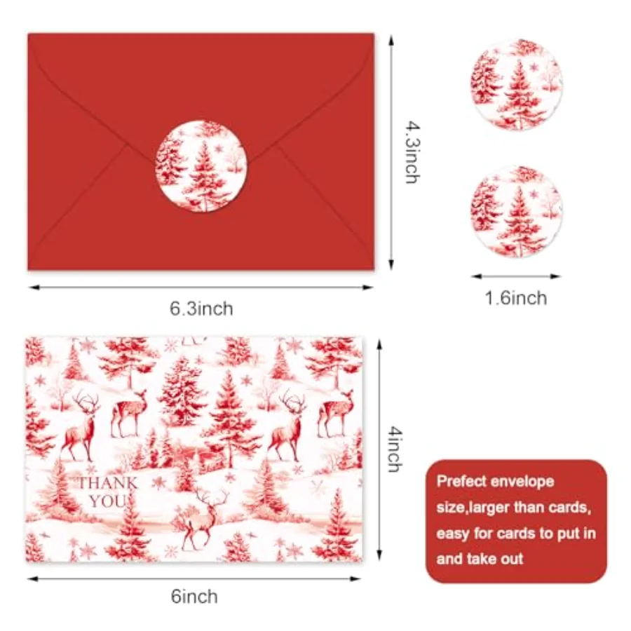 24Pcs Winter Thank You Cards with Envelopes Stickers Blank Note Cards Red, view 2