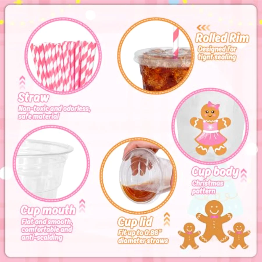 50 Pcs 12 Oz Christmas Disposable Plastic Cups with Lids and Straws Cute, view 3