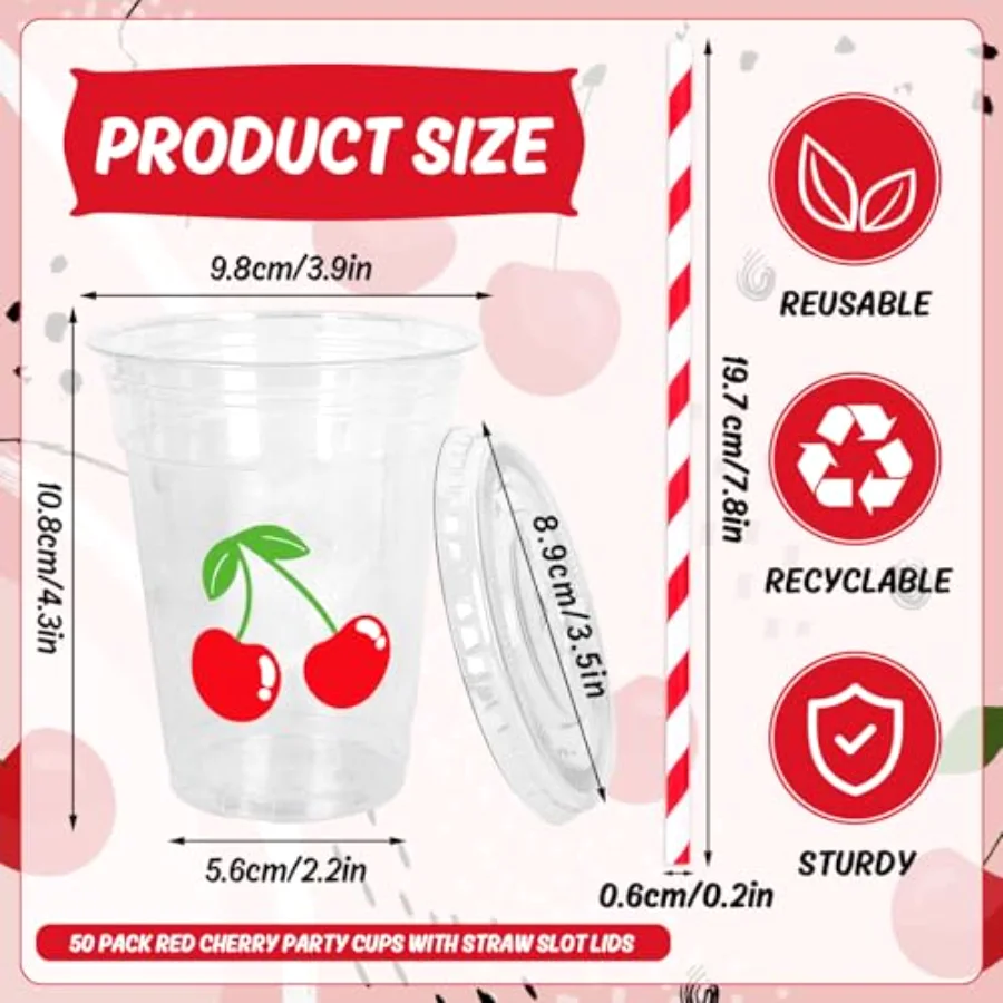 50 Pcs 12 Oz Cherry Disposable Plastic Cups with Lids and Straws Cute Red, view 2