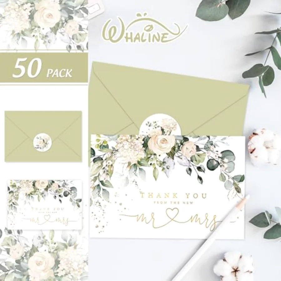 50 Pack Floral Wedding Thank You Cards, view 3