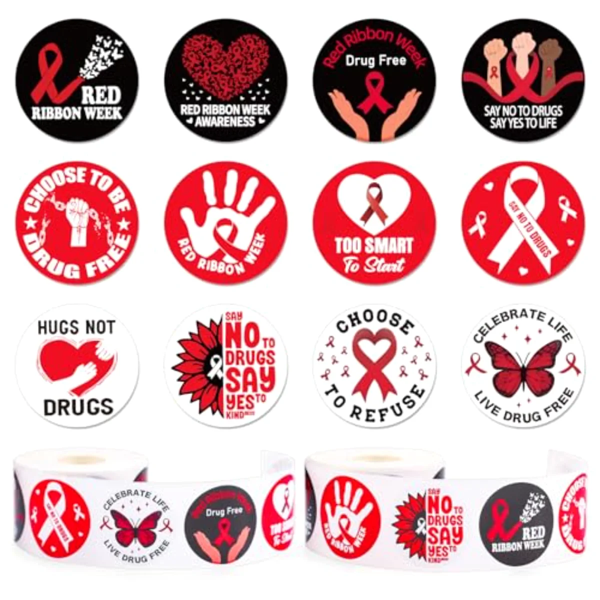 1000 Pcs Red Ribbon Week Stickers Roll Say No to Drugs Awareness