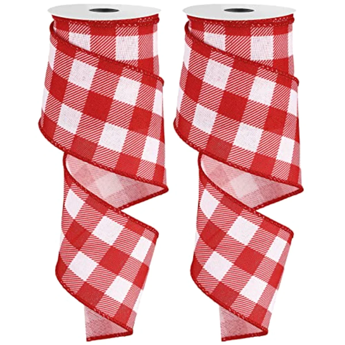 2 Rolls Plaid Wired Edge Ribbons Buffalo Check Plaids Ribbon Red White 2.5