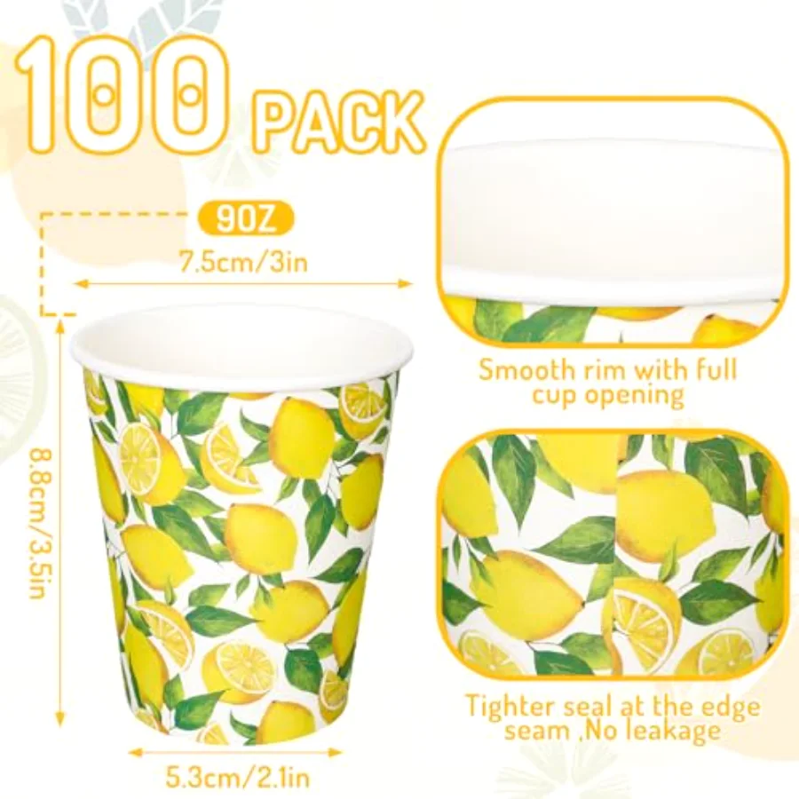 100 Pcs Summer Lemon Paper Cups Watercolor Yellow Lemon Fruit Disposable, view 2