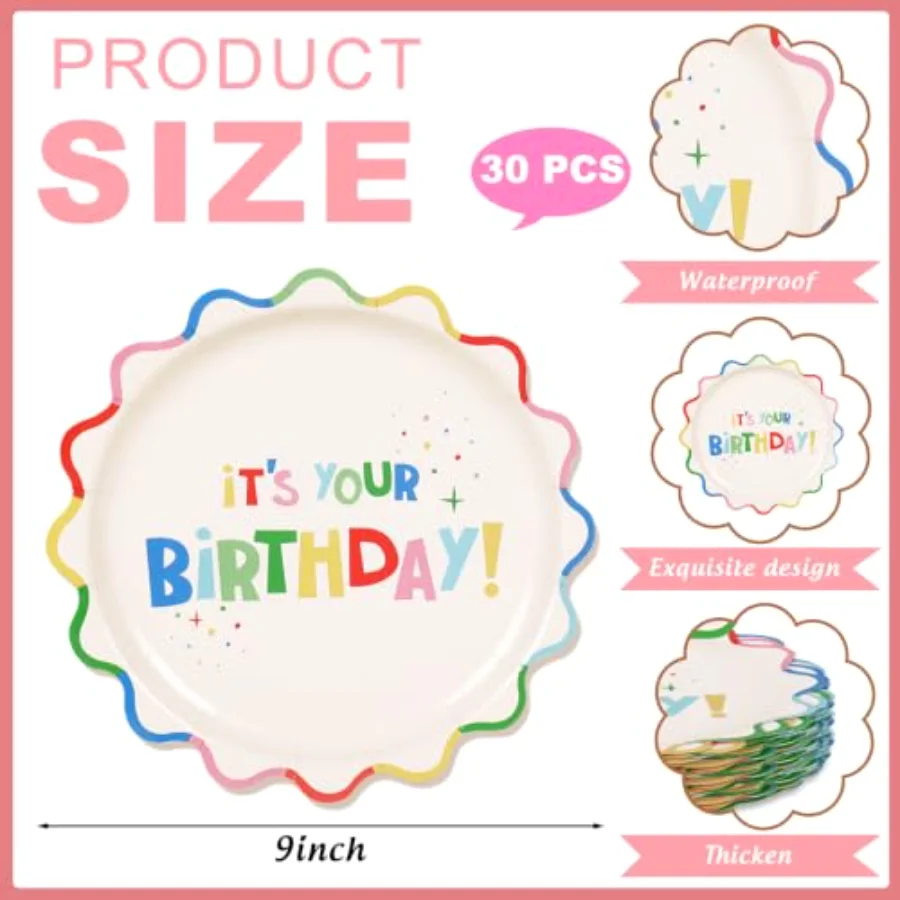 30Pcs Birthday Paper Plates, Colorful Scalloped, view 2
